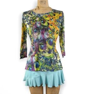 Y2K Mesh Long Sleeve Top Rhinestone Embellished Graphic 2000's Maximalist Size S